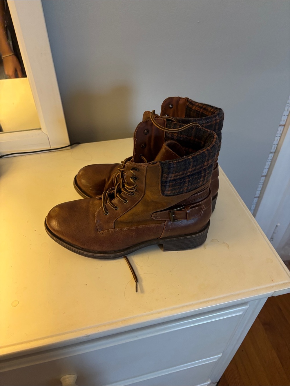 Men's Brown Leather Lace-Up Ankle Boots with Plaid Cuff